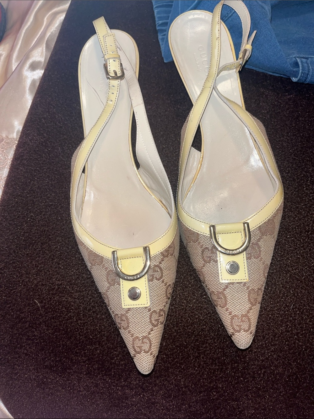 Gucci Beige Monogram Pointed-Toe Slingback Mules with Pale Yellow Trim